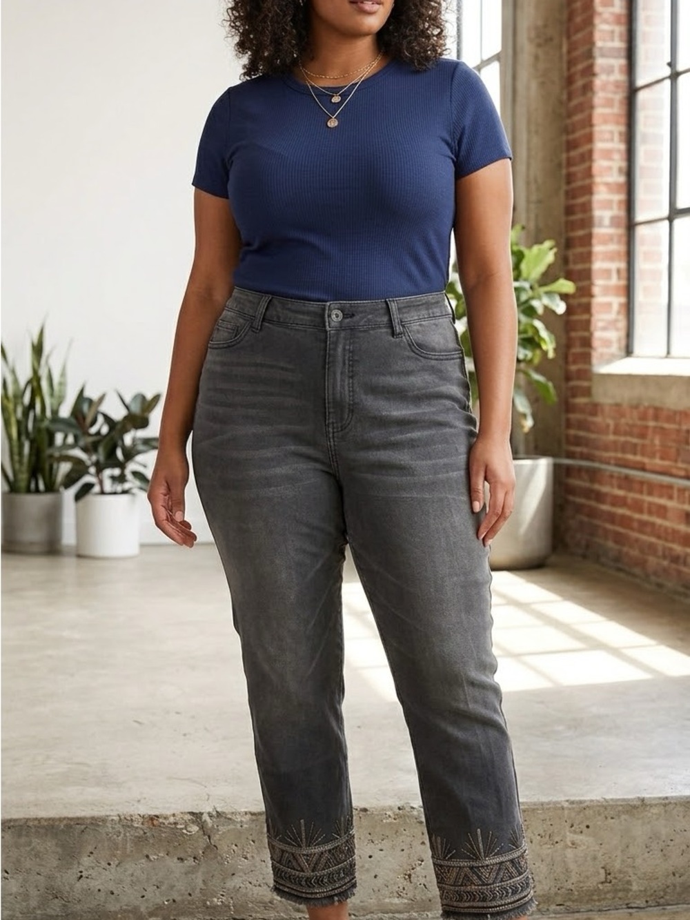 John Mark Navy Tee with Gray Embroidered-Cuff Cropped Jeans